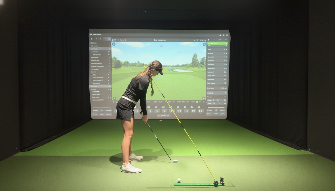 Golfer practicing swing shallowing drill with SwingMate in simulator