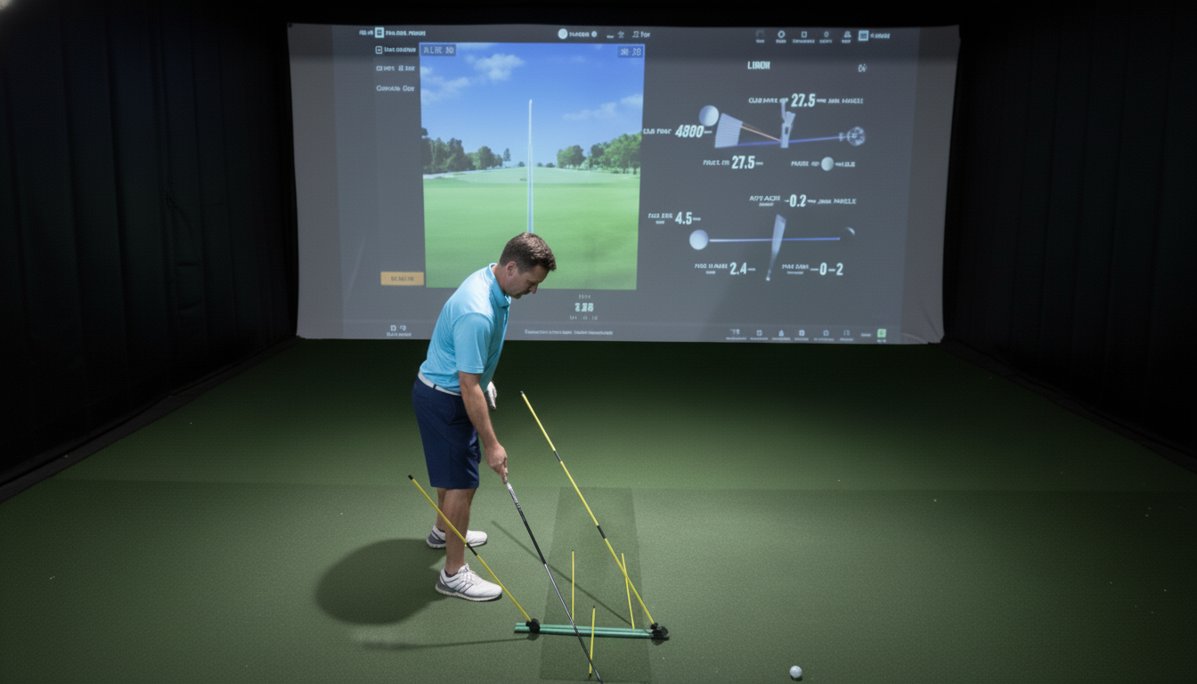Golfer adjusting Stryper SwingMate alignment rods in simulator environment