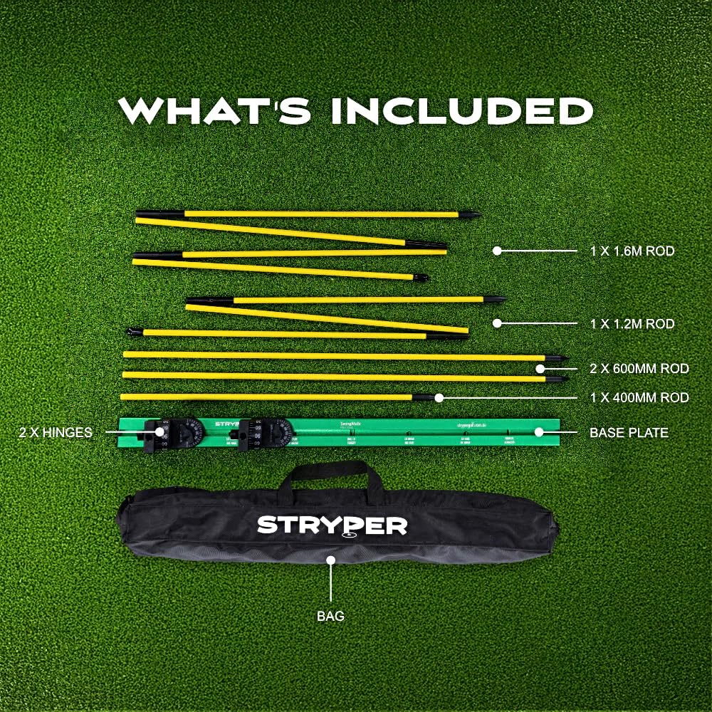 Stryper SwingMate complete kit showing carrying bag, 5 alignment sticks of varying lengths, and base plate