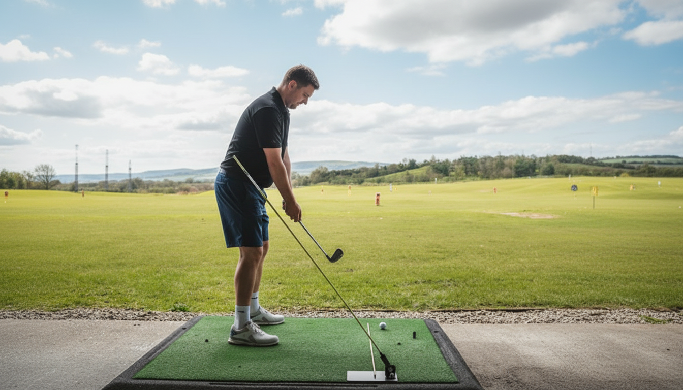 Golfer on a range with the Swing Plate set up to help with alignment and shallowing