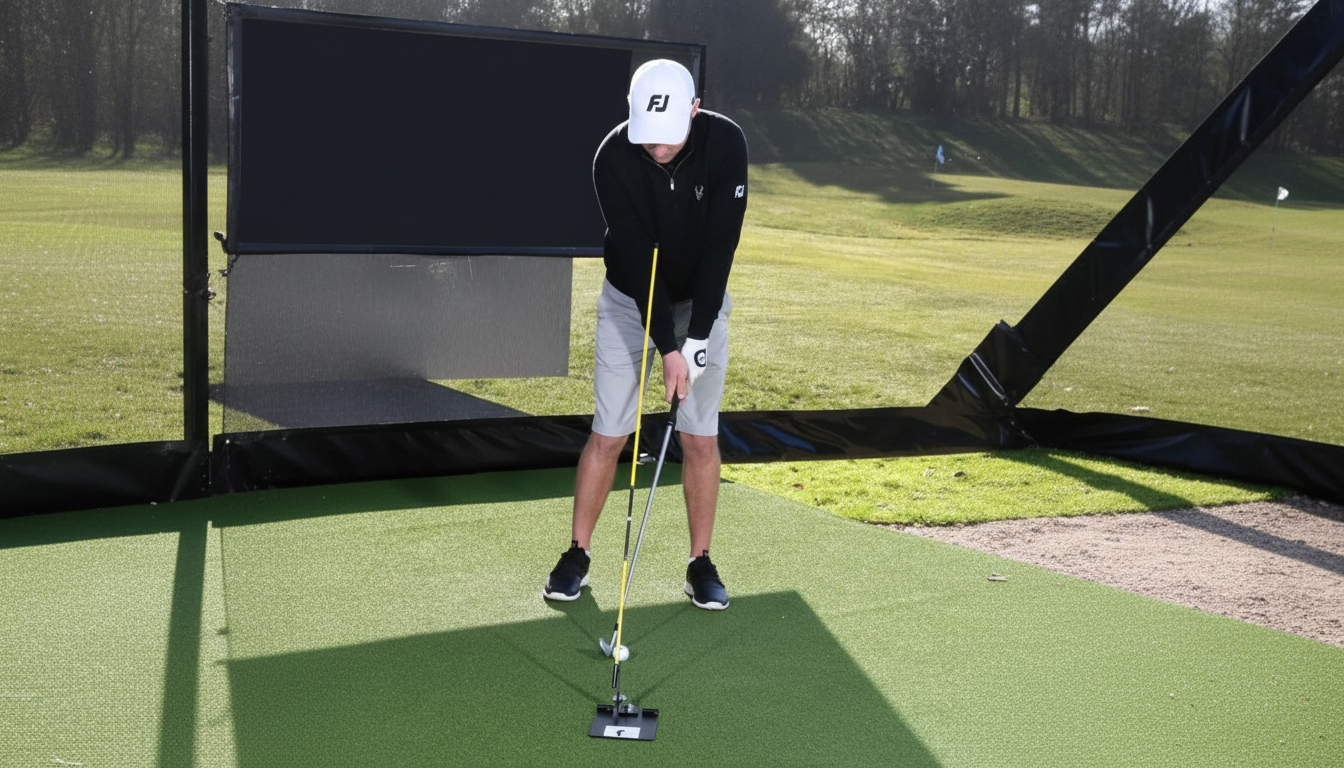 Golfer demonstrating the Swing Plate in use