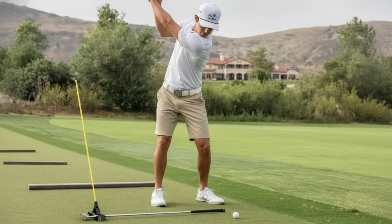 Side view of golfer using Pureplane Pro Gen 3 during practice