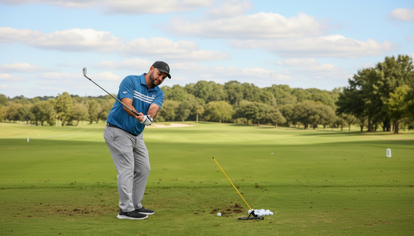 Golfer practicing with the Pureplane Pro Gen 3 on driving range mat
