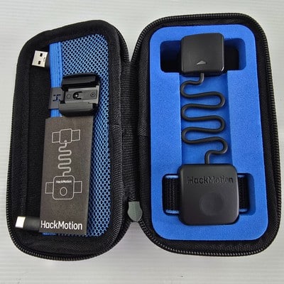 Hackmotion wrist sensor device displayed in its protective carrying case