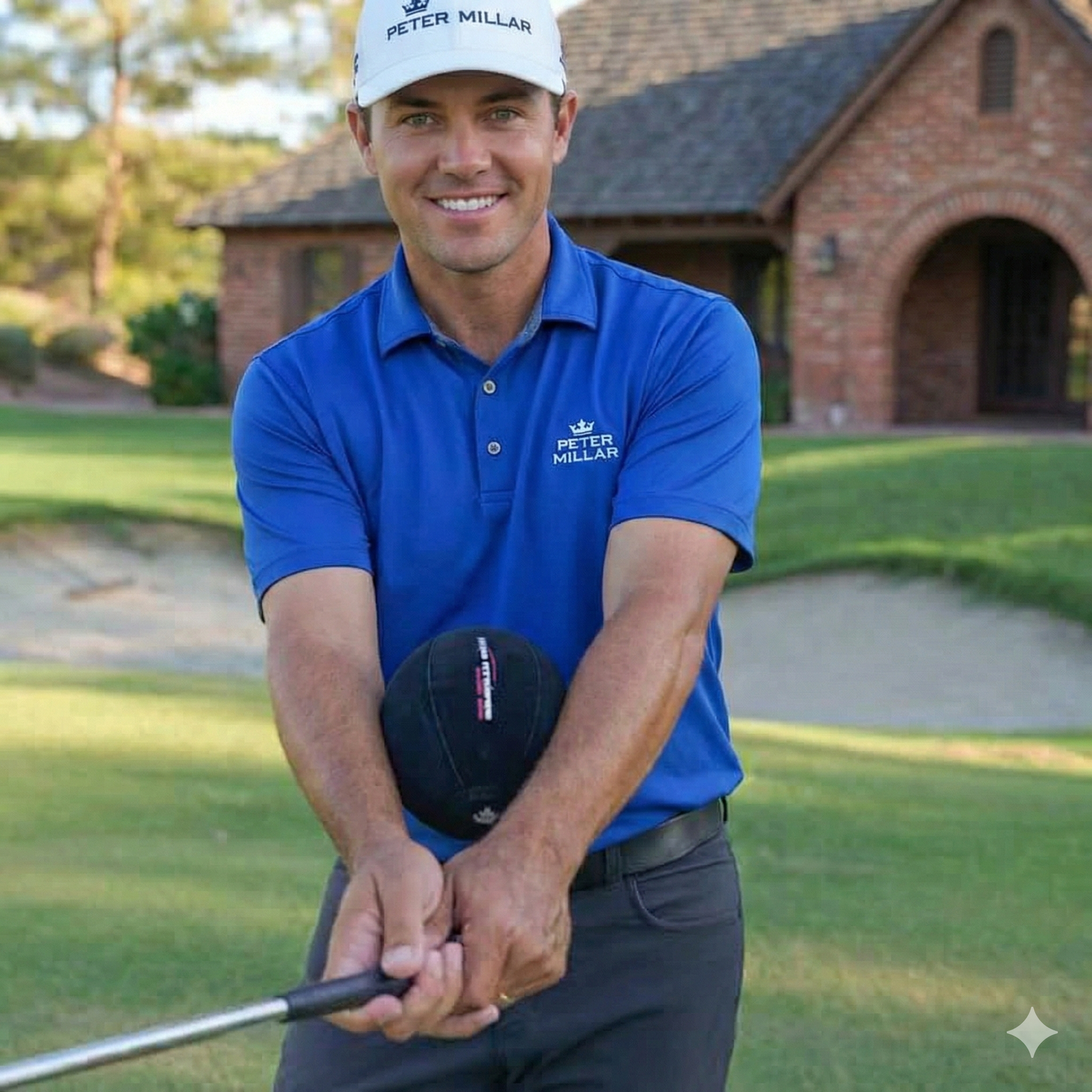 Golfer demonstrating Tour Striker Smart Ball arm-body connection drill at address position