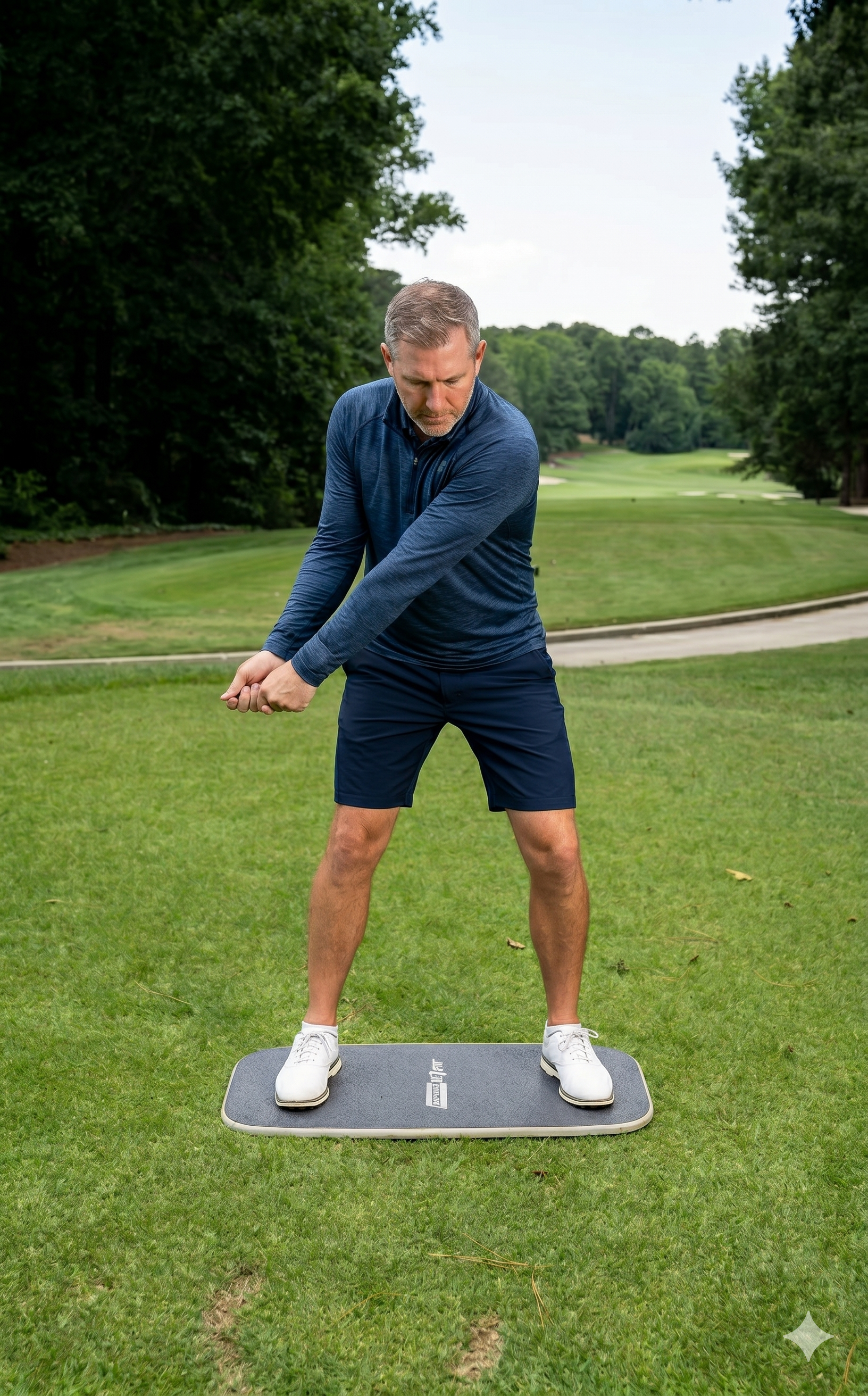 Golfer using the Downshift Pressure Board for a short game drill on a golf course, training lead-side pressure through impact