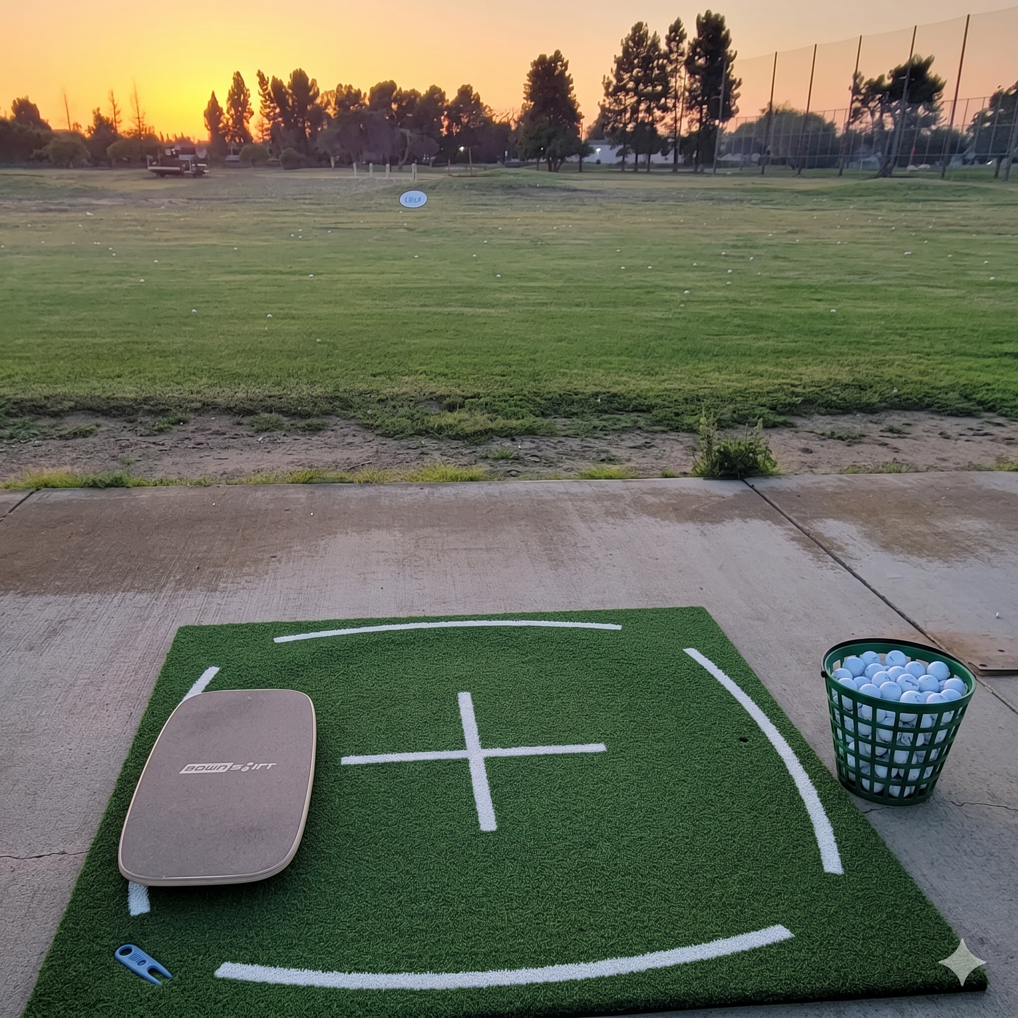 Downshift Pressure Board sitting on turf at a golf course, showing the board's footprint and dowel contact point