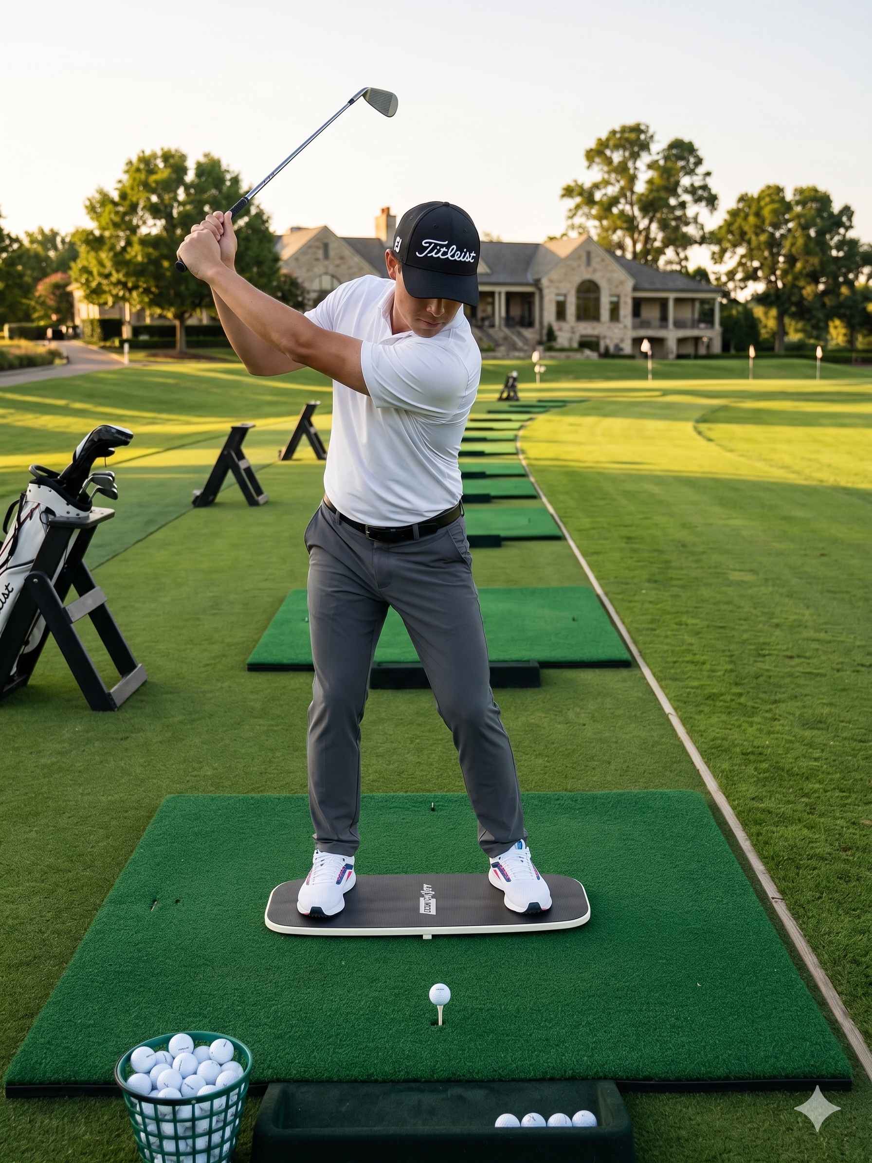 Golfer swinging with the Downshift Pressure Board on a country club driving range, demonstrating correct lead-side pressure shift