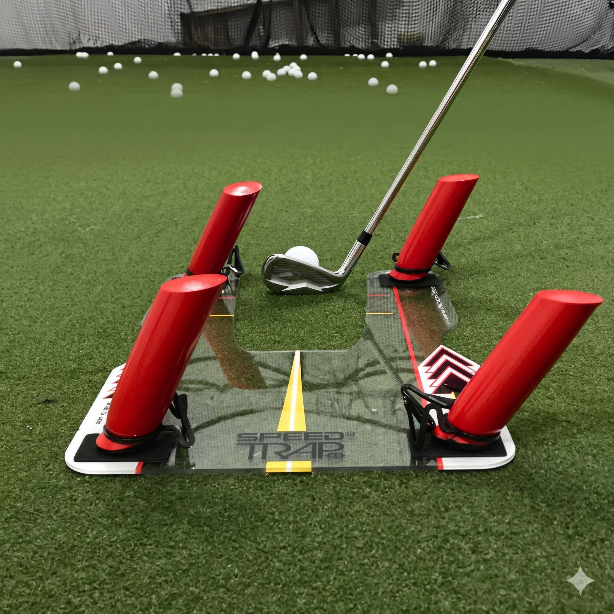 EyeLine Golf Speed Trap 2.0 being used by a left-handed golfer at an indoor driving range