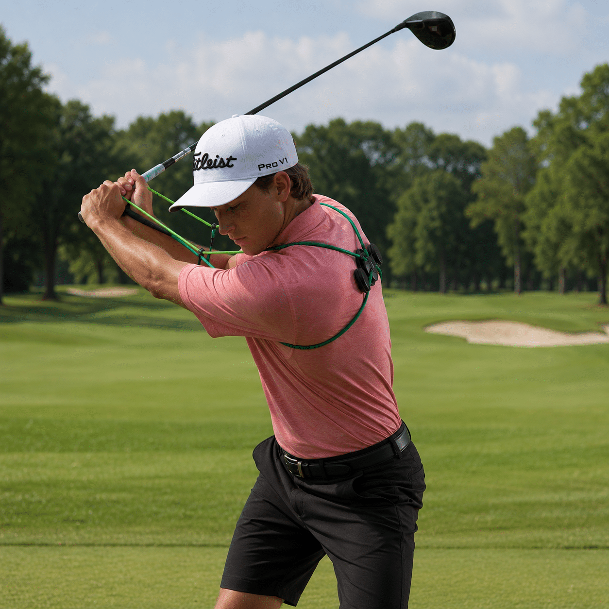 Golfer paused at the top of the backswing wearing the GravityFit TPro to demonstrate correct posture and connection